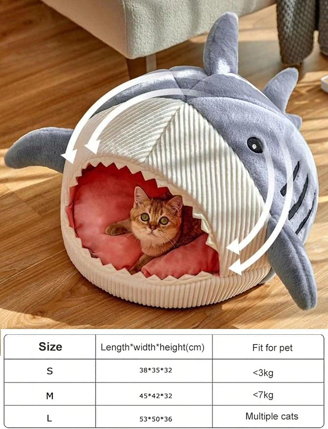 QWINEE Cat Mat Shark-Shaped Kennel Kitten Bed Hideout House Warm Soft - Image 6