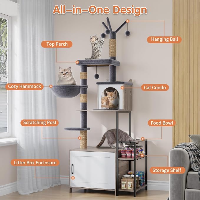 Cat Tree with Food Station and Litter Box Enclosure, Plush Hammock in Gray - Image 3