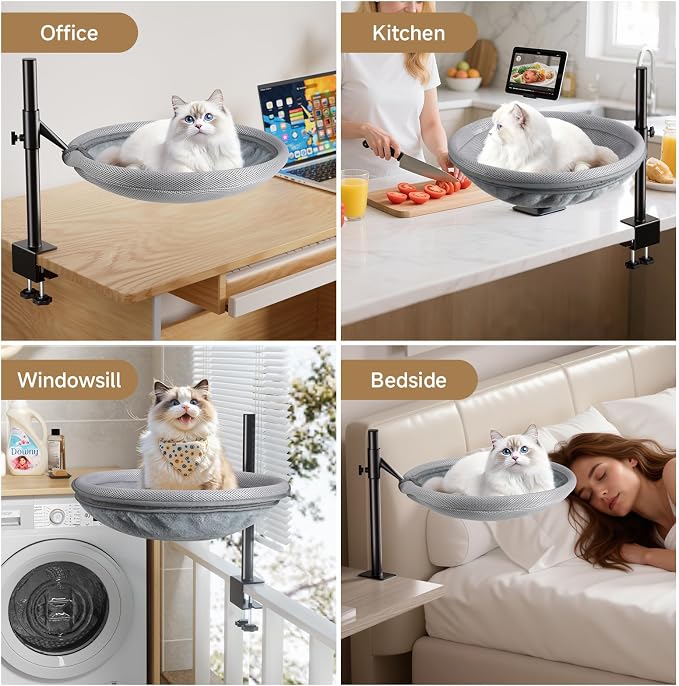 Cat Desk Bed, 360° Rotating Height-Adjustable Cat Hammock Desk, Home Office Pet - Image 7