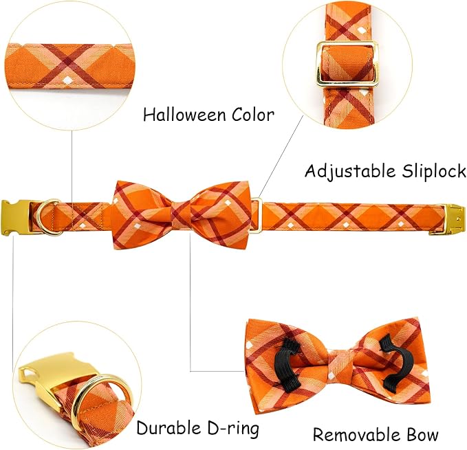 Fall Dog Collar, Pet Collar Bow Orange Plaid Dog Collar Girl Boy Holiday Pet - Image 2