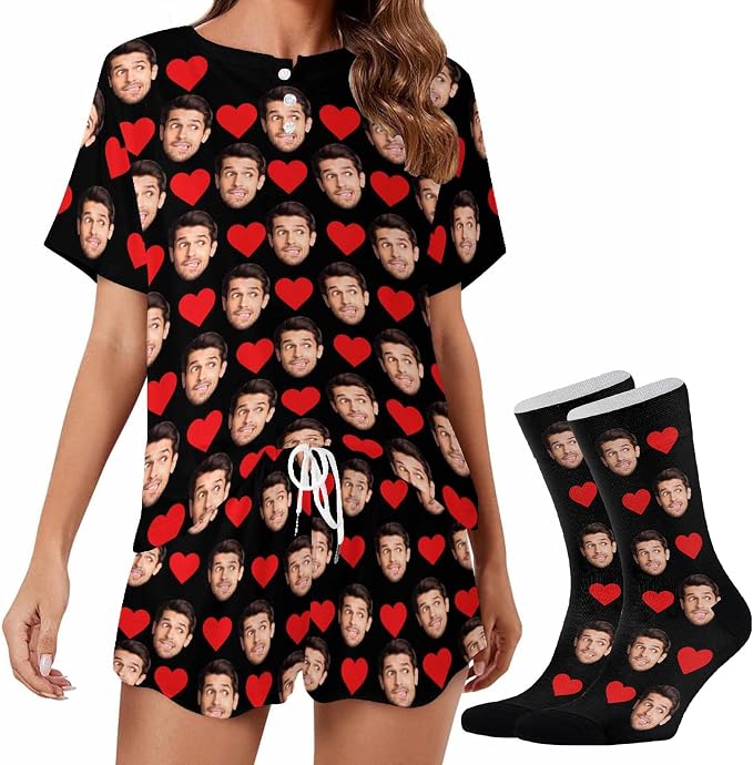 Custom Short Pajamas Set with Face Photo Women‘s Sleepwear Tee Personalized PJ by Jaydouble