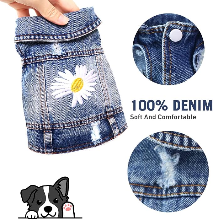 Dog Denim Jacket with Embroidered Daisy, Ripped Vintage Jean Vest - Image 2