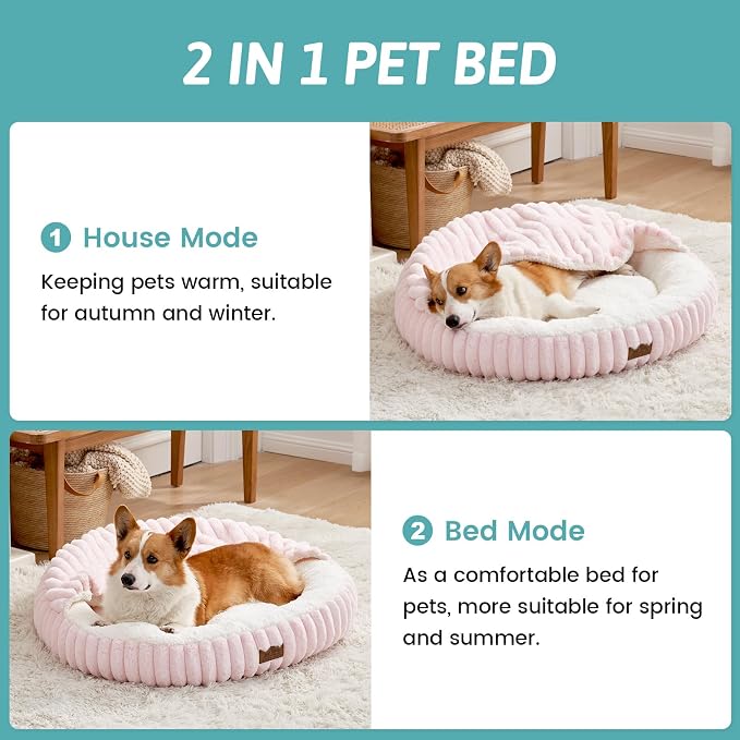 Small Dog Bed with Hooded Blanket, Round Fluffy Anti-Anxiety Pet Bed - Image 3