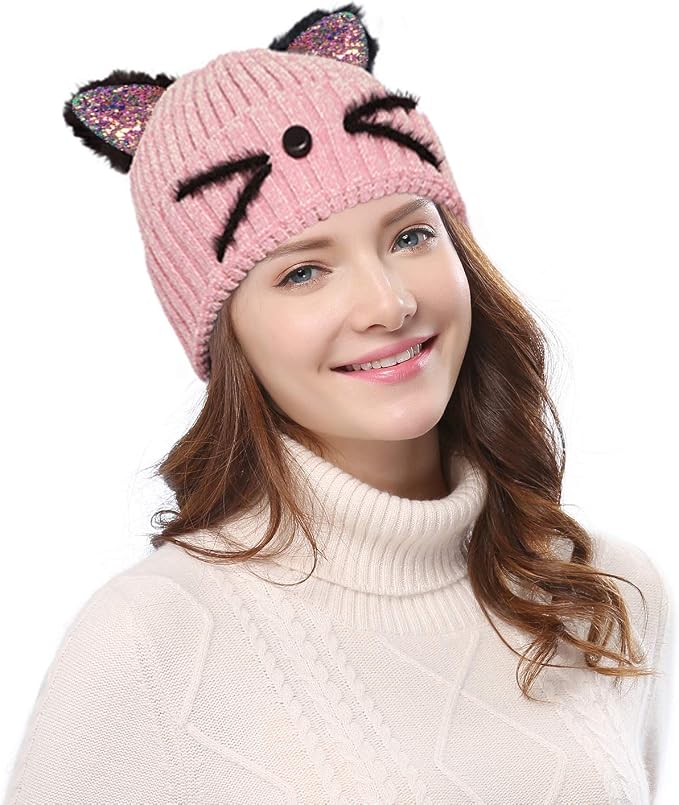 Bellady Mother Children Sequin Cat Ears Hats Warm Knit Crochet Beanies Cute - Image 2