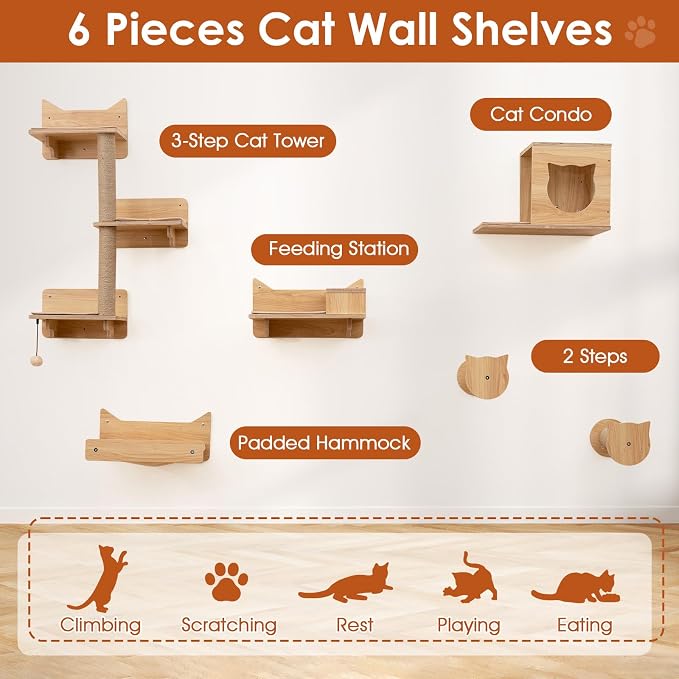 Tangkula Cat Wall Shelves, 6 Pieces Wooden Wall Mounted Kitten Furniture Set - Image 3
