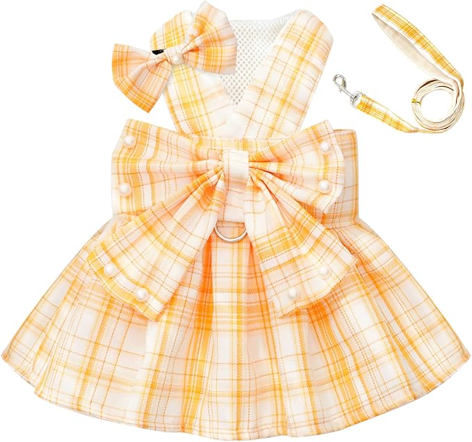 PETCARE Cute Dog Dress Clothes for Small Dogs Cats Girl Female Yellow Plaid Bow - Image 7