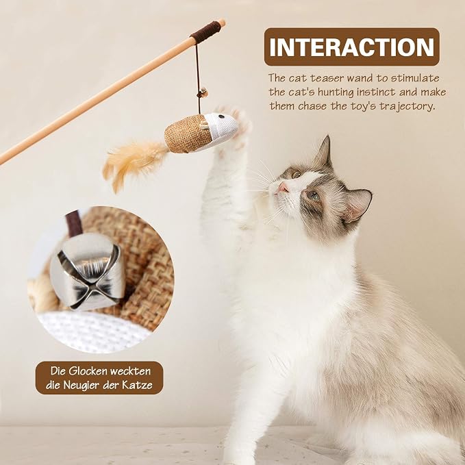 3-Piece Natural Wooden Cat Teaser Wand Toy Kit - Image 3