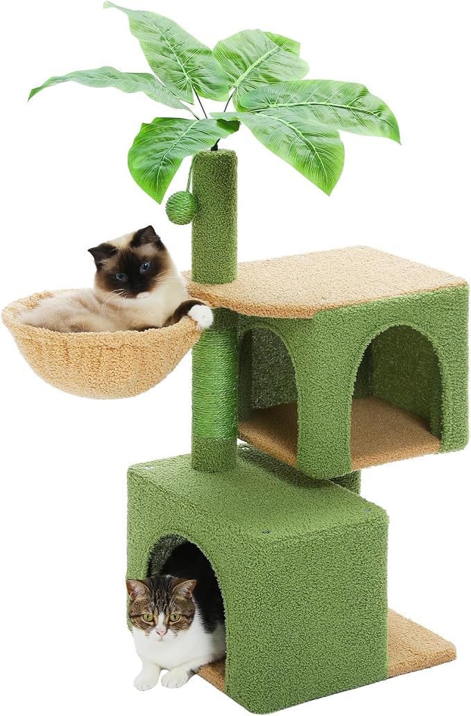 Green Cat Tree for Indoor Cats, Scratching Posts, Dual Condos and Cozy Hammocks by UYMI