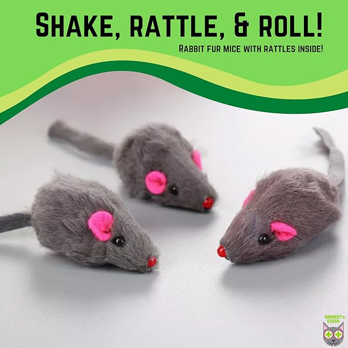 Smokey's Stash Rabbit Fur Mouse Cat Toy 12 per Pack White and Gray Fuzzy Toys - Image 3