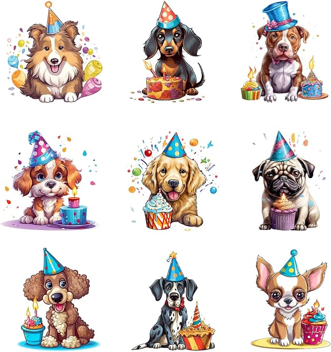 9pcs Dog Birthday Cake Iron On Heat Transfer Stickers Ready to Press Vinyl by Amazingxy