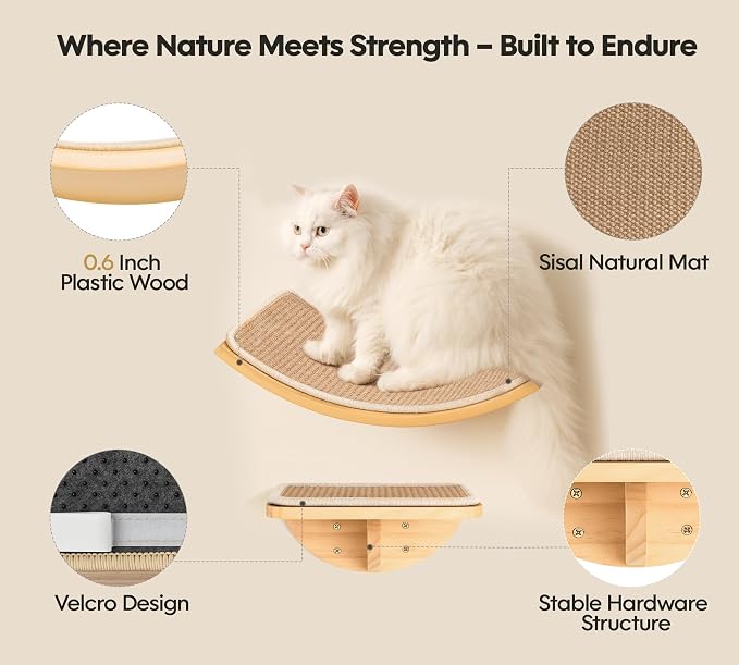 Cat Wall Shelves with Sisal Pads, 4-Piece Wooden Cats Furniture Set with Cat - Image 3