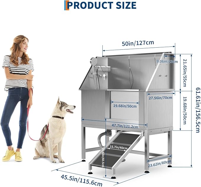 50 Inch Dog Washing Station, Stainless Steel Dog Bathtub with Left Ramps, Pet Dog Bathing Station with Floor Grate, Professional Dog Grooming Tub for Large, Medium, Small Pets - Image 2