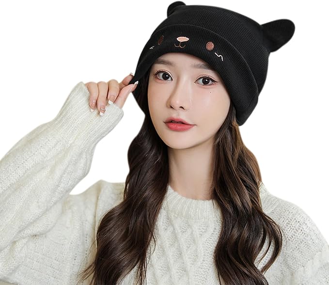 Women's Teen Girls Knitted Cat Kitty Cuffed Beanie Hat Winter Outdoor Stretchy - Image 2