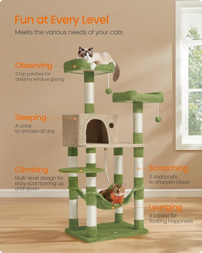 Feandrea Cat Tree, 56.3-Inch Cat Tower, 2 Perches, Grass Green and Camel Brown - Image 4