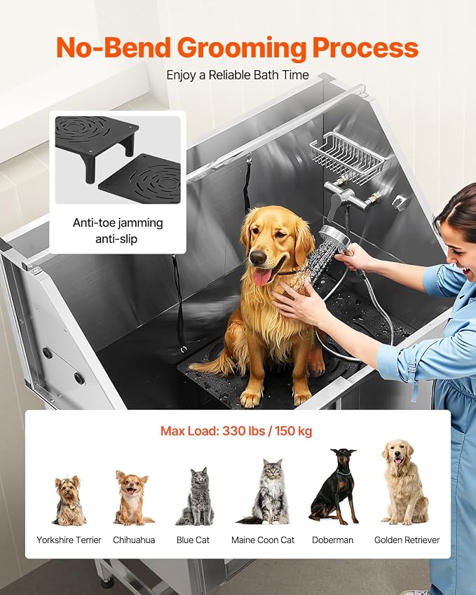 VEVOR Stainless Steel Dog Washing Station, Professional 50 inch Pet Grooming Tub w/Stairs, PE Water Filter Board, Faucet & Showerhead & Soap Holder Bathtub for Large & Medium & Small Pets (Left Door) - Image 4