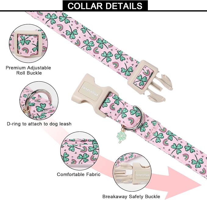 Lionet Paws St. Patrick Dog Collar- Rainbow Clover Pink Dog Collars - Image 2