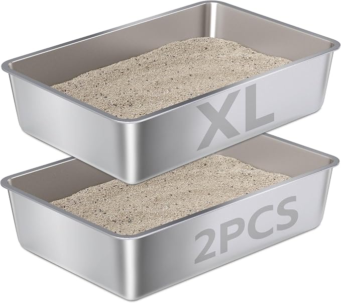Stainless Steel Litter Box XL 2Pcs, XLarge Metal Cat Litter Box, Cat LitterBox by Nyutu