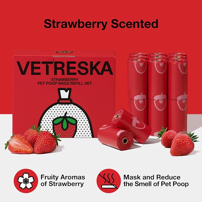 VETRESKA Strawberry Scented Dog Poop Bags, Leak Proof, Extra Thick and Large - Image 2