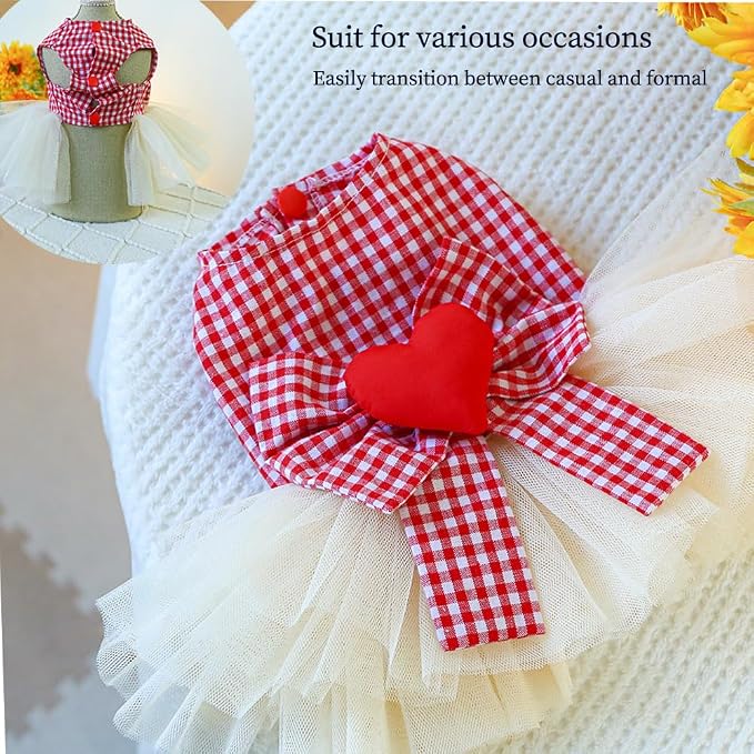 Plaid Small Dog Dress with Leash Ring Valentines Cat Outfit Dog Tutu Princess - Image 4