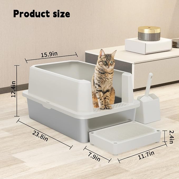 RIZZARI Open Cat Litter Box: Large Beige Stainless Steel Litter Pan 23.8" x - Image 2