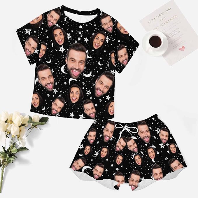 Custom Short Pajamas Set with Face Photo Women‘s Sleepwear Tee Personalized PJ - Image 2