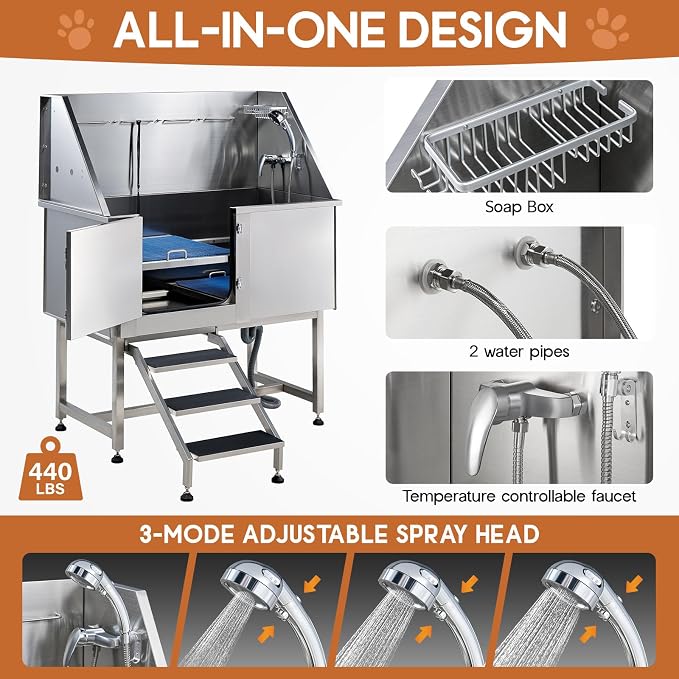Albott 50-Inch Stainless Steel Dog Washing Station with Anti-Slip Steps, Sprayer, Faucet, and Soap Box – Professional Pet Bathtub for Medium/Small Pets, Ideal for Home, Garage, and Grooming(Left) - Image 4