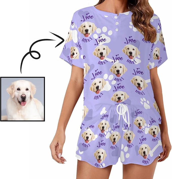 Custom Short Pajamas Set with Face Photo Women‘s Sleepwear Tee Personalized PJ - Image 2