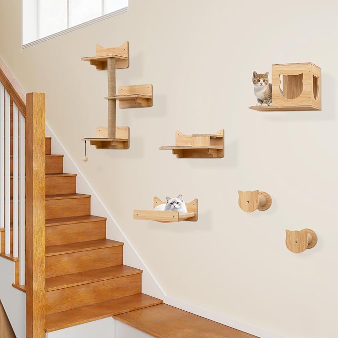 Tangkula Cat Wall Shelves, 6 Pieces Wooden Wall Mounted Kitten Furniture Set - Image 8