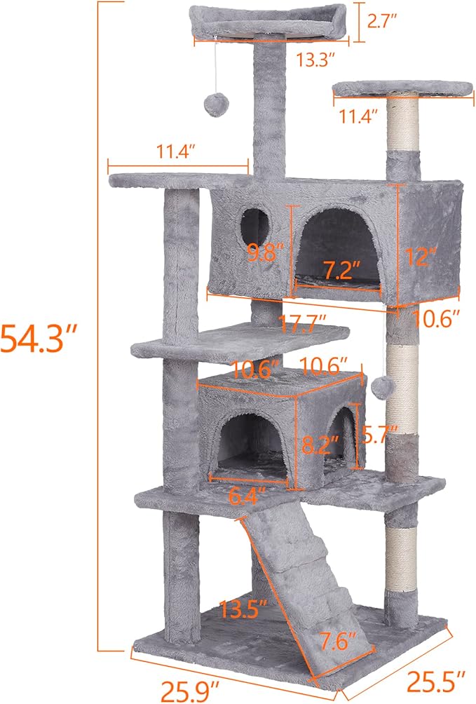 ZENY 54 inches Cat Tree with Sisal-Covered Scratching Posts and 2 Plush Rooms - Image 7