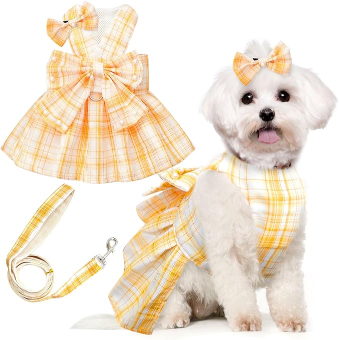 PETCARE Cute Dog Dress Clothes for Small Dogs Cats Girl Female Yellow Plaid Bow by PETCARE