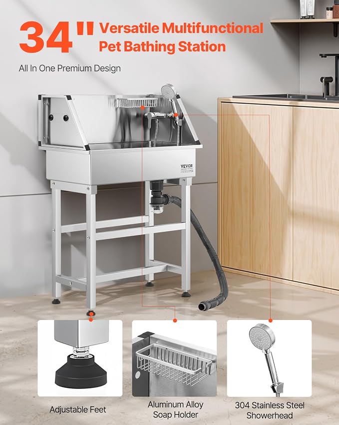 VEVOR Professional Dog Washing Station, 34 Inch Stainless Steel Pet Grooming Tub with Hot & Cold Faucet, Showerhead, Storage Rack, No-Bend All-in-One Bathtub, Home Wash Sink, Fits Small Cats and Dogs - Image 2