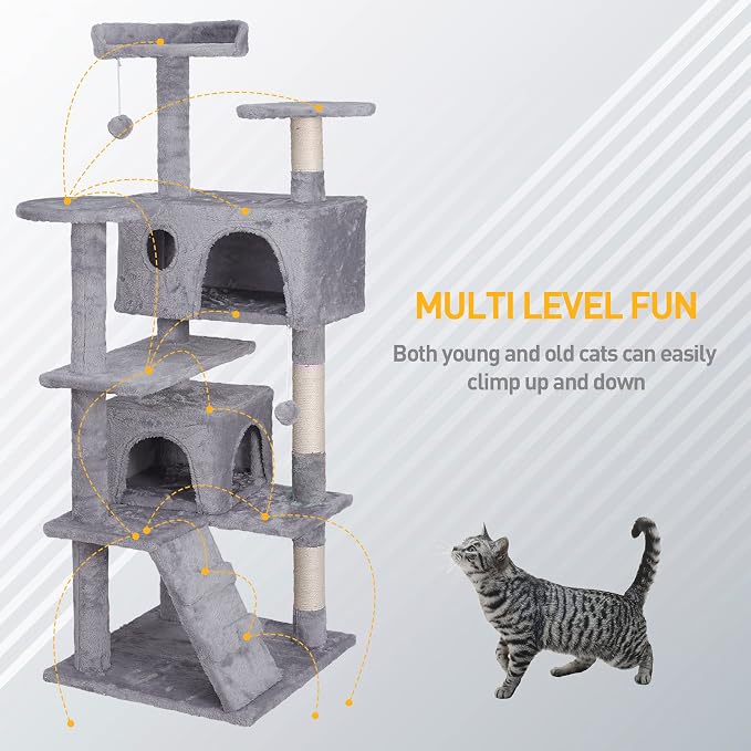 ZENY 54 inches Cat Tree with Sisal-Covered Scratching Posts and 2 Plush Rooms - Image 6