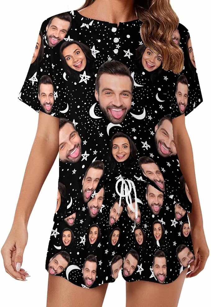 Custom Short Pajamas Set with Face Photo Women‘s Sleepwear Tee Personalized PJ by Jaydouble