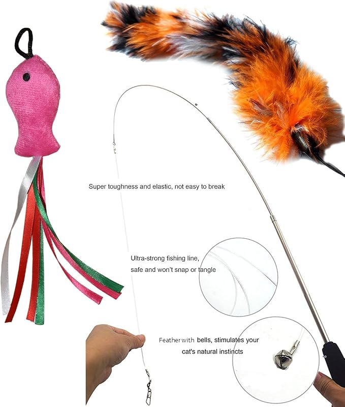 Cat Toys Set, Cat Retractable Teaser Wand, Catnip Fish, Interactive Cat Feather - Image 2