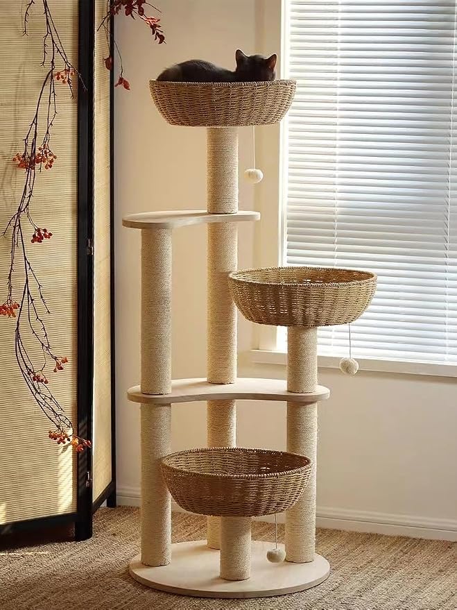 54" Large Modern Cat Trees, Luxury Rattan Oak Solid Wood Cat Trees Towers，3 - Image 7