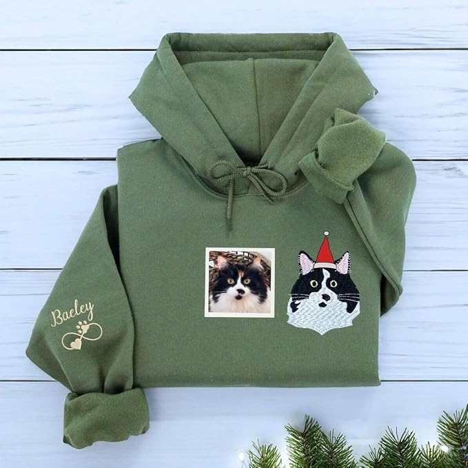 COUPLEHOODIES Custom Pet Christmas Sweatshirt – Embroidered Cat or Dog Portrait - Image 3