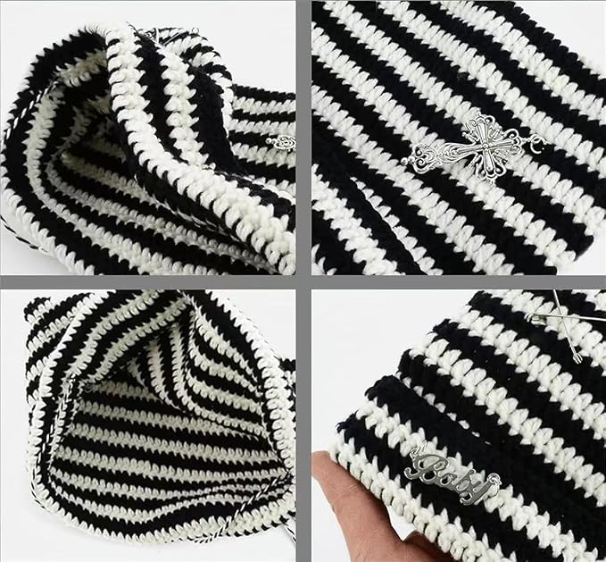 Y2k Beanies Crochet Knitted Cat Hats Goth Cross Devil Hat Striped Alt Emo - Image 6