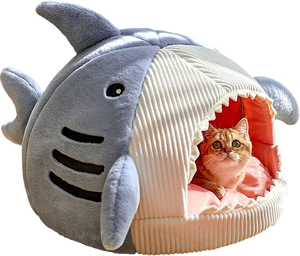 QWINEE Cat Mat Shark-Shaped Kennel Kitten Bed Hideout House Warm Soft by QWINEE