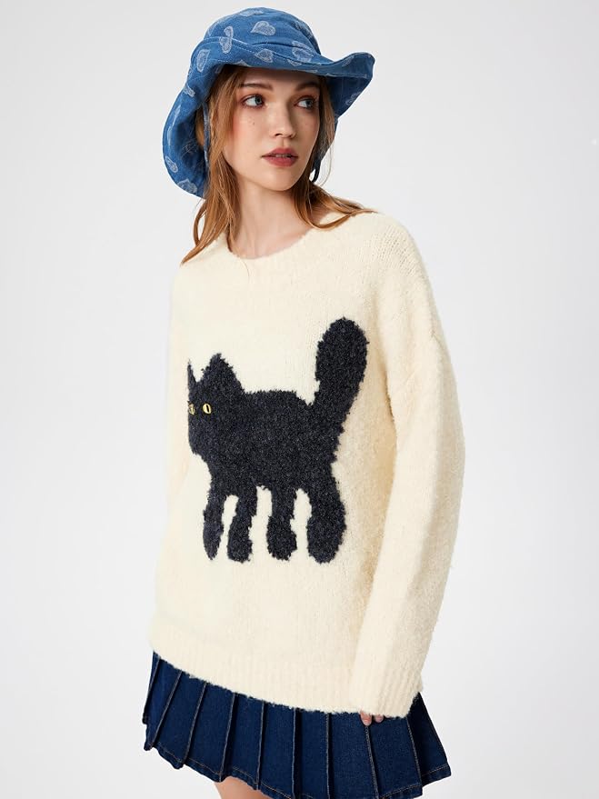 CIDER Women’s Cat Sweater Long Sleeve Crew Neck Fun Graphic Cute Patterned - Image 5