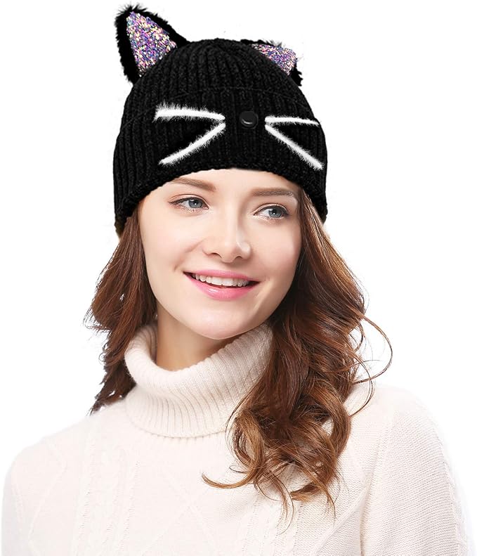 Bellady Mother Children Sequin Cat Ears Hats Warm Knit Crochet Beanies Cute - Image 2