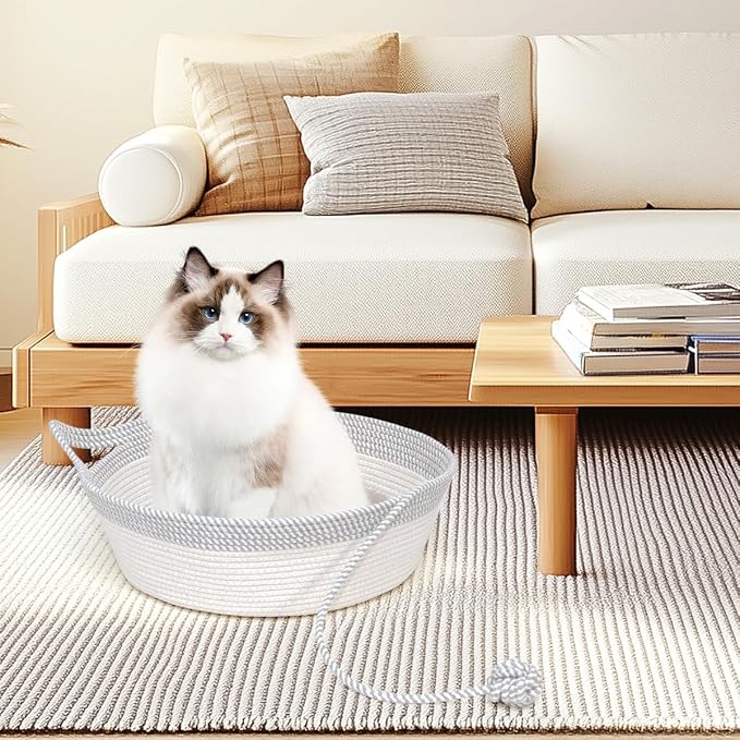 Cotton Rope Woven Cat Bed Basket, Hand Woven - Image 2