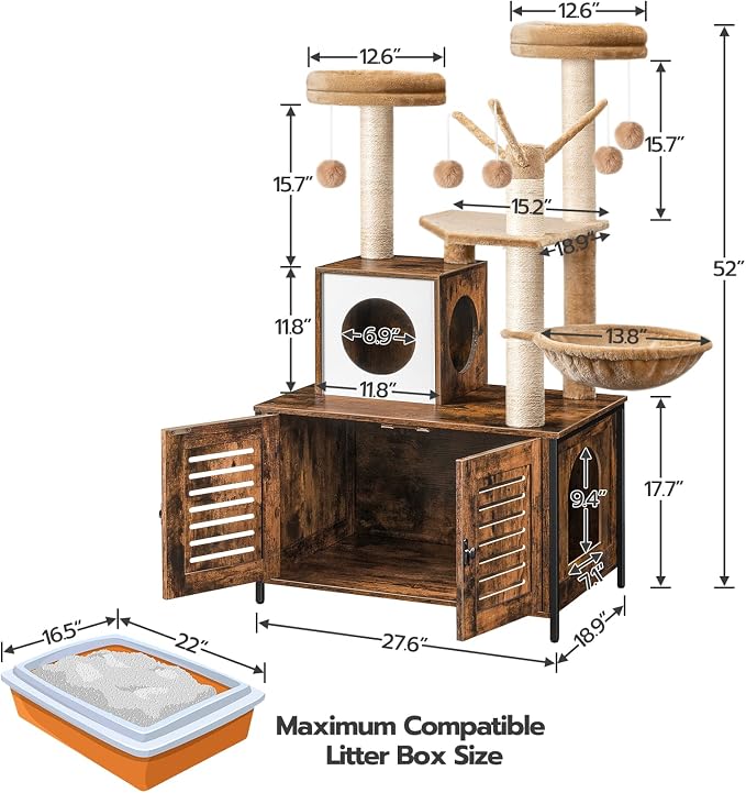HOOBRO Cat Tree with Litter Box Enclosure, Scratching Posts, Litter Box - Image 8