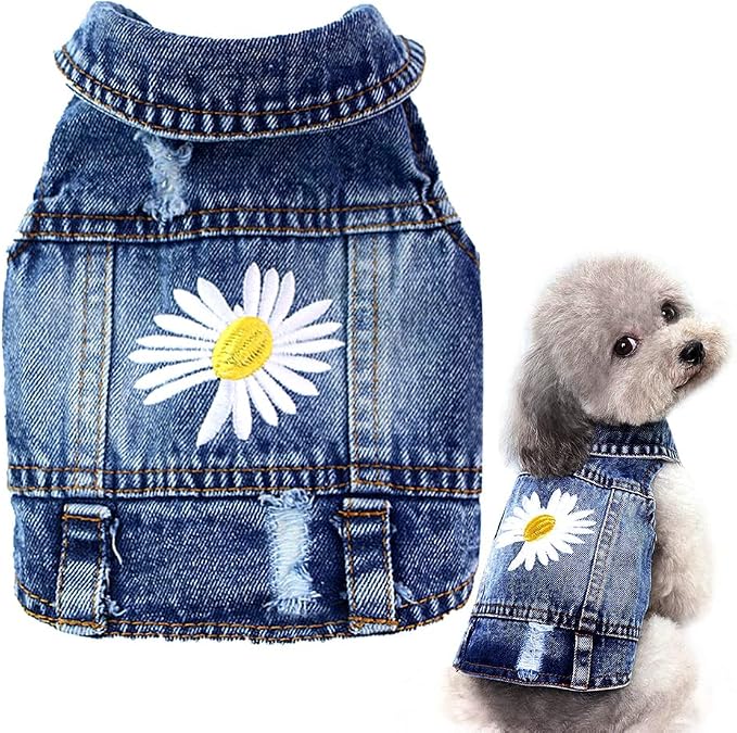 Dog Denim Jacket with Embroidered Daisy, Ripped Vintage Jean Vest by pawstrip