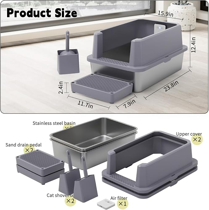 RIZZARI Stainless Steel Litter Box: Gray Leakproof Open Top Tray - Image 2