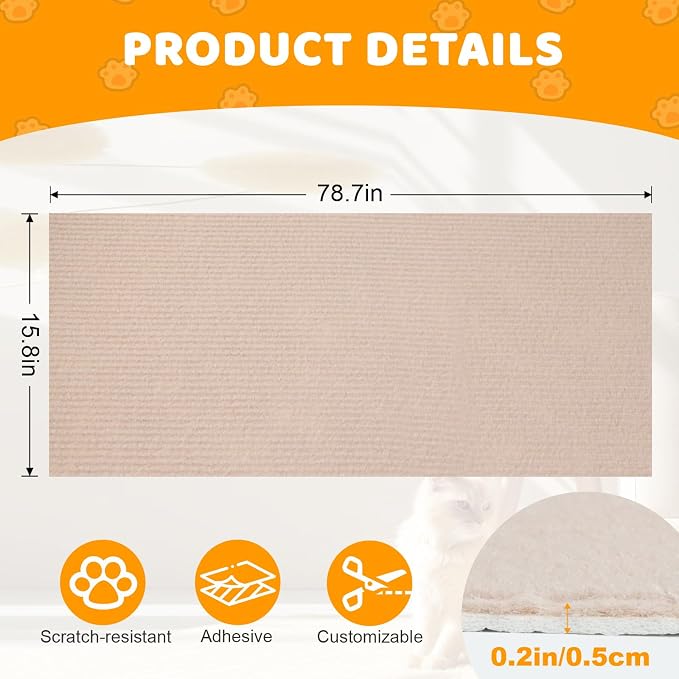 Cat Scratching Mat Self-Adhesive, 78.7'' x 15.8'', Trimmable Cat Scratch Pads - Image 3