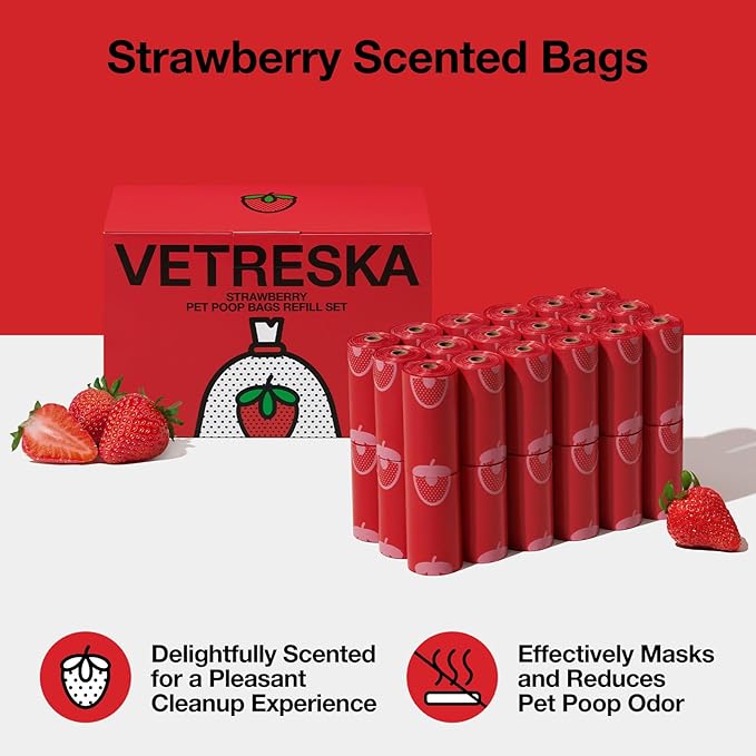 VETRESKA Strawberry Scented Dog Poop Bags, Leak Proof, Extra Thick and Large - Image 2