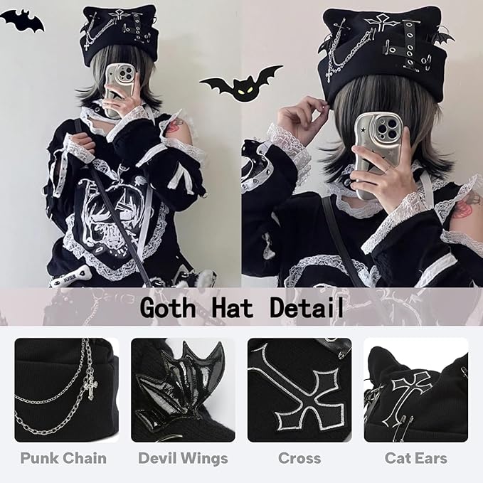 Goth Cat Beanie Goth Hat Accessories Punk Cat Ear Beanie Hat - Image 4