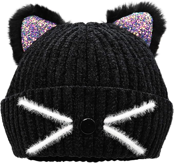 Bellady Mother Children Sequin Cat Ears Hats Warm Knit Crochet Beanies Cute by Bellady