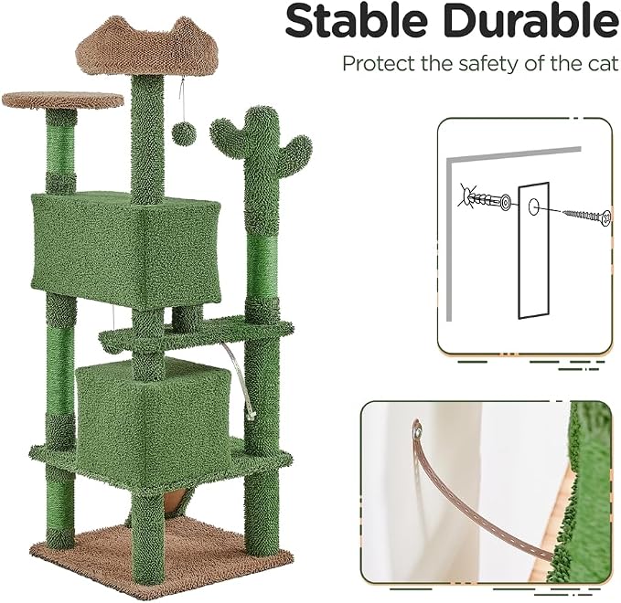 Yaheetech Cactus Cat Tree, 54.5in Tower w/Ramp, Animal-Ear Shaped Perch - Image 9