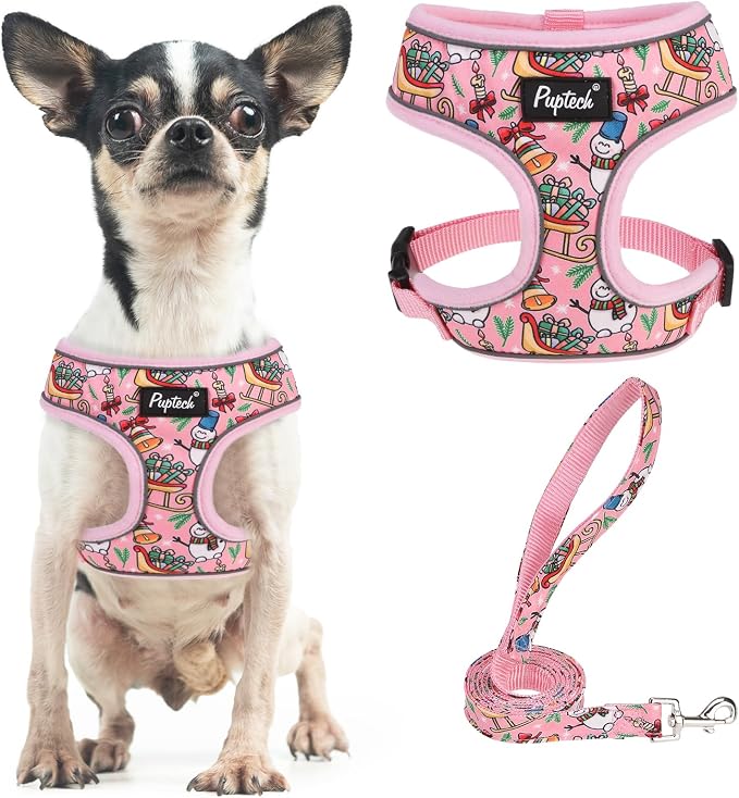 PUPTECK Soft Mesh Christmas Dog Harness and Leash Set Pet Puppy Cat Comfort by PUPTECK